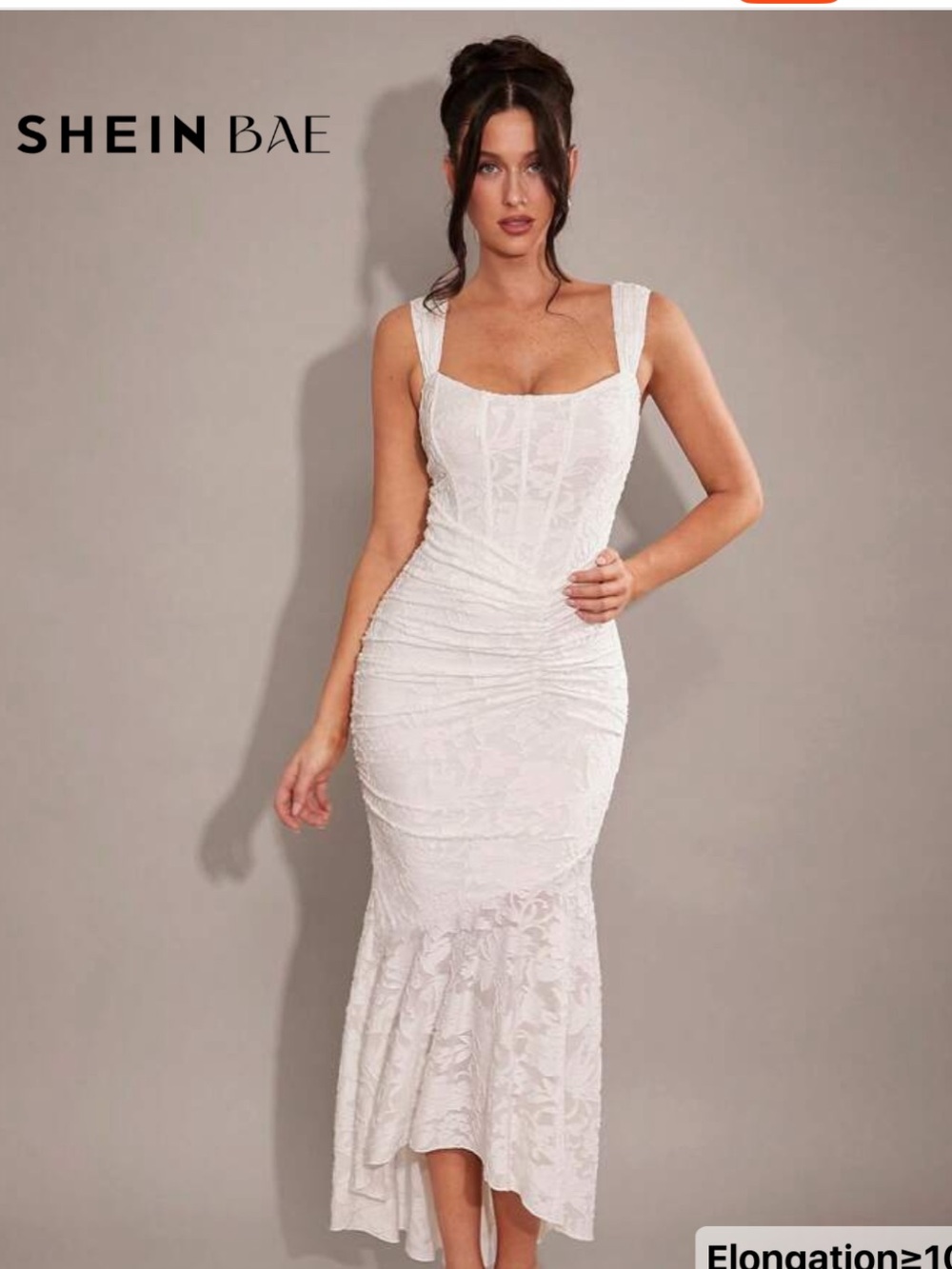 SHEIN White Lace Ruched Square-Neck Midi Mermaid Dress